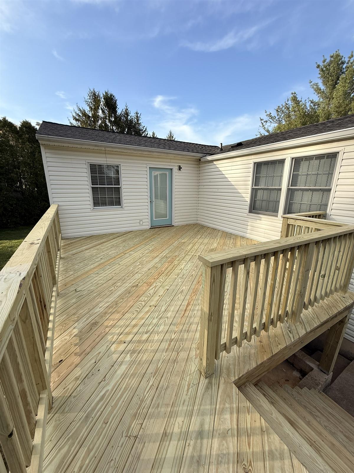 Finished wood deck, wide view